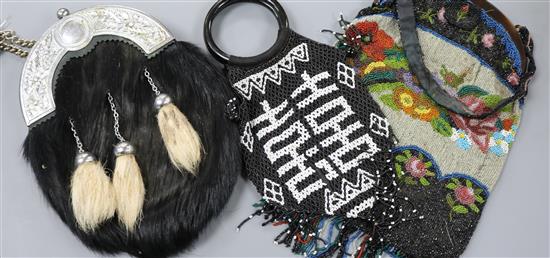 A plated sporan and two beadwork evening bags